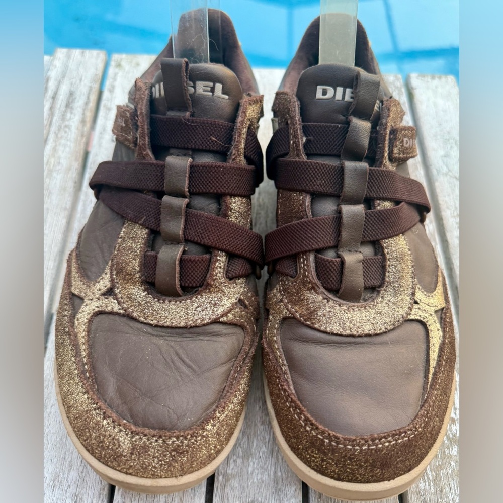 Diesel Motion W Sneakers Leather Brown Gold Metallic Women’s 7 - Picture 2 of 9
